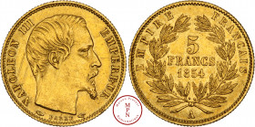 Napoléon III (1852-1870), 5 Francs, Tête nue, Petit module, Tranche cannelée, 1854, A, Paris, Av. NAPOLEON III EMPEREUR, Tête nue à droite, Rv. EMPIRE...
