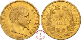 Napoléon III (1852-1870), 5 Francs, Tête nue, Grand module, 1859, A, Paris, Av. NAPOLEON III EMPEREUR, Tête nue à droite, Rv. EMPIRE FRANCAIS, dans un...