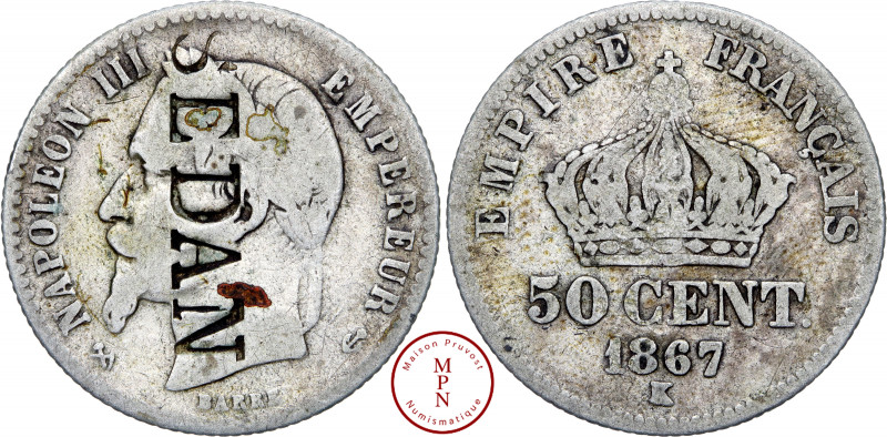 Napoléon III (1852-1870), 50 Centimes, Tête laurée, Satirique, Contremarque SEDA...