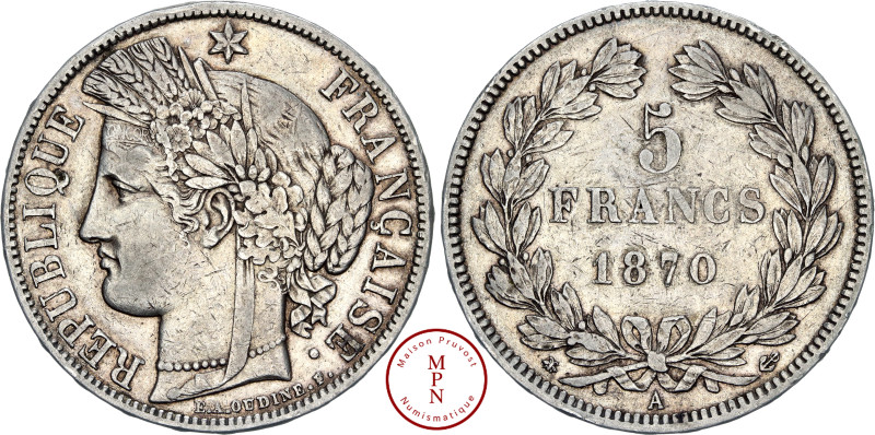 Troisième République (1870-1940), 5 Francs, Cérès, 1870, A, Paris, Av. REPUBLIQU...