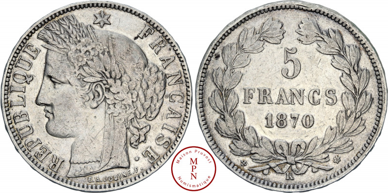 Troisième République (1870-1940), 5 Francs, Cérès, 1870, K, Bordeaux, Av. REPUBL...