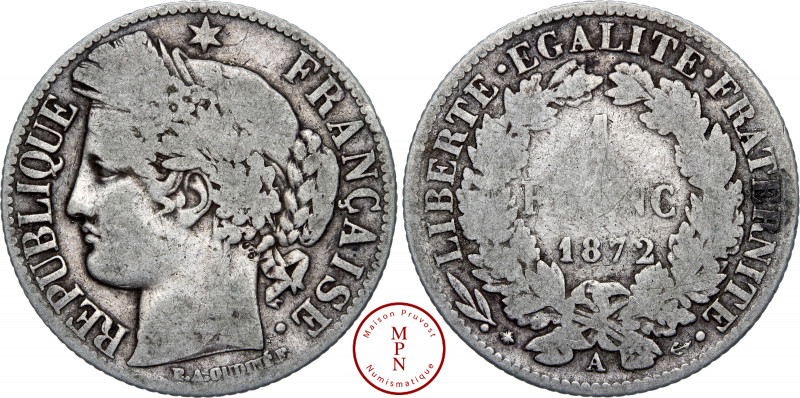 Troisième République (1870-1940), Franc, Cérès, 1872, A, Paris, Grand A, Av. REP...