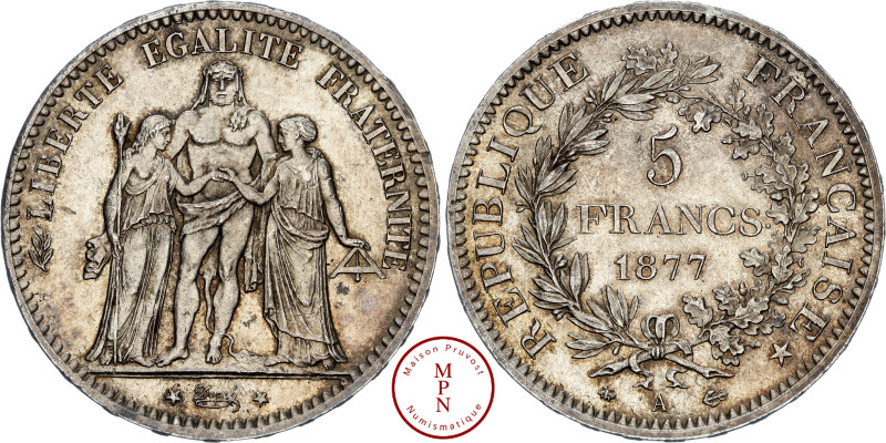 Troisième République (1870-1940), 5 Francs, Hercule, 1877, A, Paris, Av. LIBERTE...