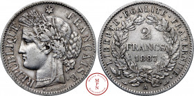 Troisième République (1870-1940), 2 Francs, Cérès, 1887, A, Paris, Av. REPUBLIQUE FRANCAISE, Tête laurée de Cérès à gauche avec au-dessus une étoile, ...