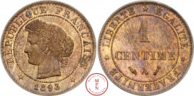 Troisième République (1870-1940), Centime, Cérès, 1893, A, Paris, Av. REPUBLIQUE FRANCAISE, Tête laurée de Cérès à gauche avec au-dessus une étoile, R...