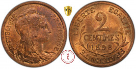 Troisième République (1870-1940), 2 Centimes, Dupuis, 1898, Paris, Av. REPUBLIQUE FRANCAISE, Buste voilé et drapé de Marianne à droite, une branche de...