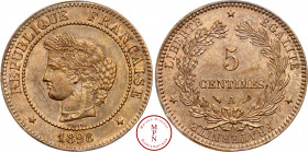 Troisième République (1870-1940), 5 Centimes, Cérès, 1898, A, Paris, Av. REPUBLIQUE FRANCAISE, Tête laurée de Cérès à gauche avec au-dessus une étoile...