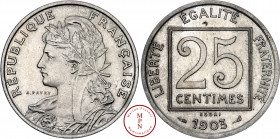 Troisième République (1870-1940), 25 Centimes, Patey, Ier type, Essai, 1903, Paris, Av. REPUBLIQUE FRANCAISE, Buste de la République à gauche, Rv. LIB...