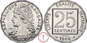 Troisième République (1870-1940), 25 Centimes, Patey, Essai, 18 pans, 1904, Paris, Av. REPUBLIQUE FRANCAISE, Buste de la République à gauche, Rv. LIBE...