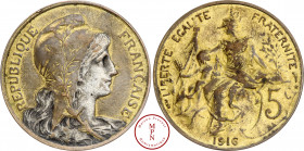 Troisième République (1870-1940), 5 Centimes, Dupuis, 1916 *, Paris, Av. REPUBLIQUE FRANCAISE, Buste voilé et drapé de Marianne à droite, une branche ...