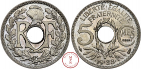Troisième République (1870-1940), 5 Centimes, Lindauer, Essai en relief, 1938, Paris, Av. RF et un bonnet phrygien dans une couronne, Rv. LIBERTE. EGA...