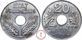 État Français, Régime de Vichy, 20 Centimes, Fer, Essai, 1941, Paris, Av. ETAT FRANCAIS, Épis de blé, Rv. 20 CENTIMES 1941 ESSAI, Fer, SPL/FDC, 2.96 g...