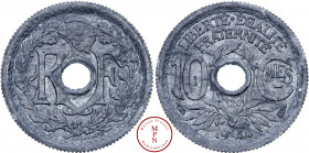 Quatrième République (1944-1958), 10 Centimes, Lindauer, Essai, 1944, Paris, Av. RF et un bonnet phrygien dans une couronne, Rv. LIBERTE. EGALITE. / F...