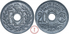Quatrième République (1944-1958), 20 Centimes, Lindauer, Essai, 1945, Paris, Av. RF et un bonnet phrygien dans une couronne, Rv. LIBERTE. EGALITE. / F...