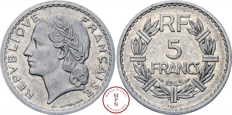 Quatrième République (1944-1958), 5 Francs, Lavrillier, Essai, 1945, Paris, Av. ...