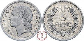 Quatrième République (1944-1958), 5 Francs, Lavrillier, Essai, 1945, Paris, Av. REPVBLIQVE FRANCAISE, Tête laurée à gauche, Rv. Couronne se terminant ...