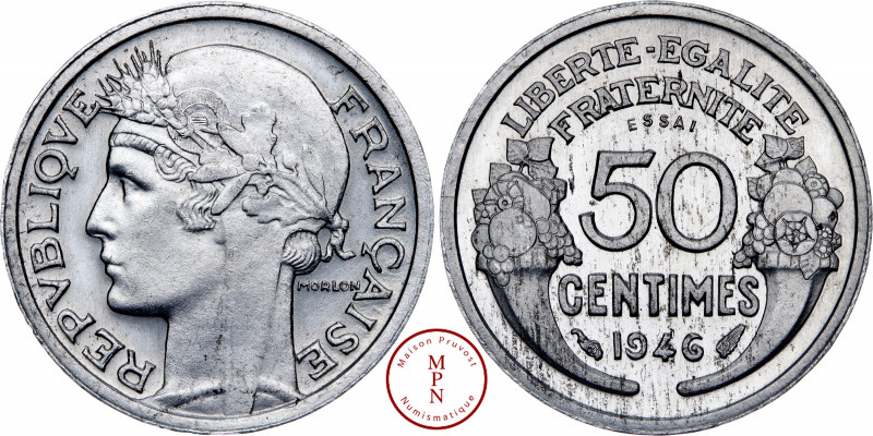 Quatrième République (1944-1958), 50 Centimes, Morlon, Légère, Essai, Piéfort, 1...