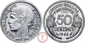 Quatrième République (1944-1958), 50 Centimes, Morlon, Légère, Essai, Piéfort, 1946, Paris, Av. REPVBLIQVE FRANCAISE, Tête laurée à gauche, coiffée d'...