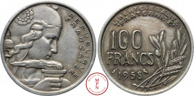 Quatrième République (1944-1958), 100 Francs, Cochet, 1958, Paris, Chouette, Av. REPUBLIQUE FRANCAISE, Buste de Marianne à droite, tenant une torche, ...