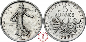 Cinquième République (1958-) 5 Francs, Semeuse, Essai, Grand 5, 1959, Paris, Av. REPUBLIQUE FRANCAISE, Semeuse semant à gauche, Rv. LIBERTE , EGALITE ...