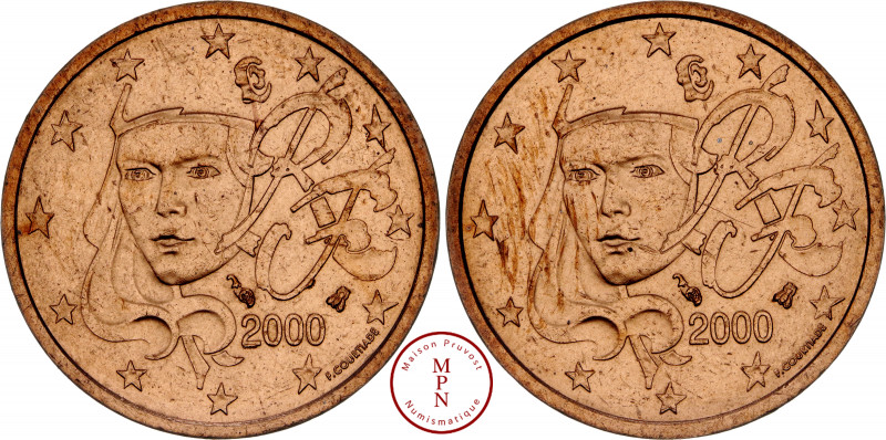 Europe, France, 2 Centimes, Fautée, Double avers, 2000, Paris, Acier plaqué cuiv...