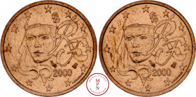 Europe, France, 2 Centimes, Fautée, Double avers, 2000, Paris, Acier plaqué cuivre, SUP, 3.07 g, 18.5 mm, Rarissime monnaie fautée manquant à la plupa...