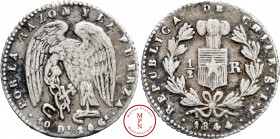 République (1818-), ¼ de Réal, 1844, Santiago, Av. REPUBLICA DE CHILE. So . I . J, Armes du Chili, Rv. POR LA RAZON Y LA FUERZA, Vautour brisant ses c...