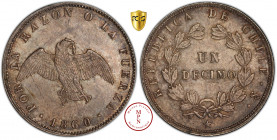République (1818-) République du Chili (1818-), Decimo, 1860/59-So, Av. POR LA RAZON O LA FUERZA, Condor brisant ses chaînes en vol, Rv. REPUBLICA DE ...