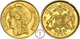 République (1818-) République du Chili (1818-), 5 Pesos, 1895 Av. REPUBLICA DE CHILE, Tête à gauche coiffé d'un bonnet phrygien, Rv. CINCO PESOS 1895,...