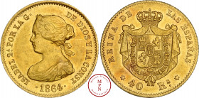 Espagne, Isabelle II (1833-1868), 40 Reales, 1864, Madrid, Av. ISABEL 2.A POR LA G. DE DIOS Y LA CONST, Buste à gauche, Rv. REINA DE LAS ESPANAS * 40 ...
