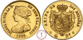 Espagne, Isabelle II (1833-1868), 4 Escudos, 1865, Madrid, Av. ISABEL 2ª POR LA G. DE DIOS Y LA CONST, Buste à gauche, Rv. REINA DE LA S ESPANAS * 4 E...