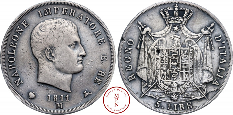 Napoléon Ier (1804-1815), 5 Lire, 1811, M, Milan, Av. NAPOLEONE IMPERATORE E. RE...