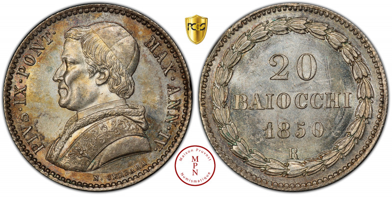 États-Pontificaux, Pie IX (1846-1870), 20 Baiocchi, 1850, R, Rome, Av. PIVS. IX....