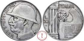 Victor-Emmanuel III (1900-1946), 20 Lire, Fin de la Première Guerre mondiale, 1928, R, Rome, Av. VITT. EM. III. RE., Buste casqué à gauche, Rv. ITALIA...