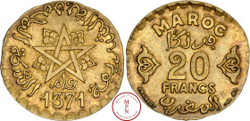 Mohammed V (1957-1961), 20 Francs, Monnaie fautée, frappé sur un flan de 10 Francs, AH1371 (1952), Paris, Av. Inscription, Rv. MAROC 20 FRANCS, Bronze...