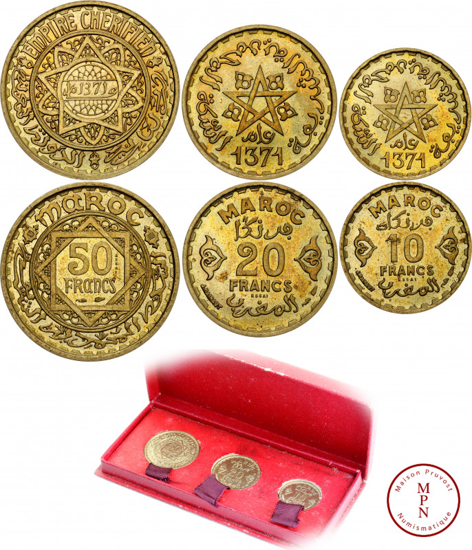 Mohammed V (1957-1961), Coffret d'essais de 10, 20 et 50 Francs, AH1371 (1952), ...