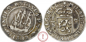 République Batave (1595-1806), 1/8 Gulden, 1802, Enkhuizen, Av. INDIAE BATAVORUM, Trois mâts à droite, Rv. * MO : ARG : ORD : FOED : BELG : HOL : / 1/...