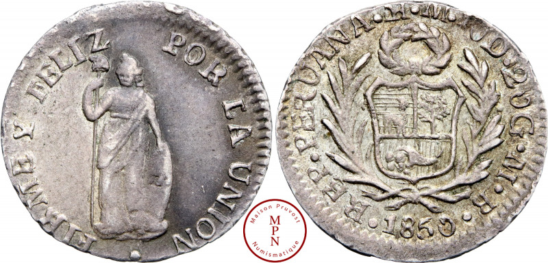 ½ Real, 1856, MB, Lima, Av. REP. PERUANA. CUZ. M. M. 10D. 20 G. M. B., Armes du ...