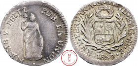 ½ Real, 1856, MB, Lima, Av. REP. PERUANA. CUZ. M. M. 10D. 20 G. M. B., Armes du Pérou couronnées dans une couronne de laurier et de palme, Rv. FIRMEY ...