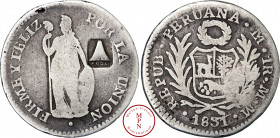Real, Contremarqué d'un Volcan (volcano countermark issue type III) sur un real du Pérou, 1839 Argent, TB, 3.4 g, 20.5 mm, KM 33, Rarissime monnaie du...