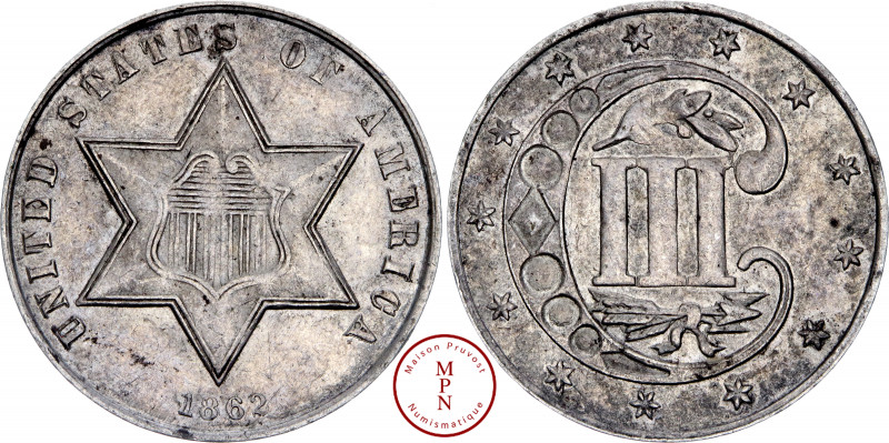 République Fédérale (1776-), 3 Cents, Type 3, Large Star, Two lines, 1862, Phila...