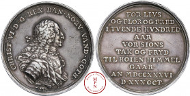 Christian VI (1730-1746), Célébration laïque de la Réforme au Danemark, Médaille, Georg Wilhelm Wahl, 1736 Av. CHRIST. VI. D. G. REX. DAN. NORV. VAND....