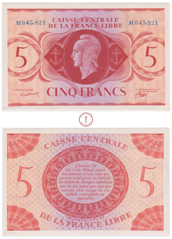 Caisse centrale de la France Libre, Impression anglaise, non surchargée, 5 Franc...