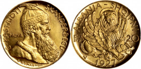 ALBANIA. Gold 20 Franga Ari Prova (Pattern), 1927-V. Vienna Mint. Zog I. PCGS SPECIMEN-64.

Fr-6; KM-Pr27. Mintage: 50. An exceptionally rare prova ...