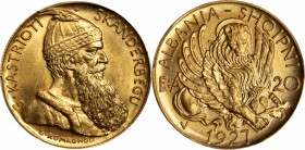 ALBANIA. 20 Franga Ari, 1927-V. Vienna Mint. Zog I. PCGS MS-65.

Fr-6; KM-12. Mintage: 5,053. Struck to commemorate Prince George Kastrioti 'Skander...