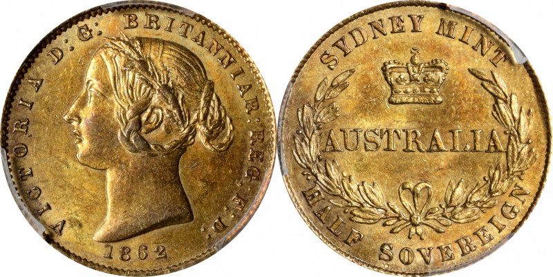 AUSTRALIA. 1/2 Sovereign, 1862-SYDNEY. Sydney Mint. Victoria. PCGS MS-61.

Fr-...