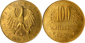 AUSTRIA. 100 Schilling, 1934. Vienna Mint. PCGS MS-64.

Fr-520; KM-2842. Very nicely preserved, and entirely original, this example displays soft to...
