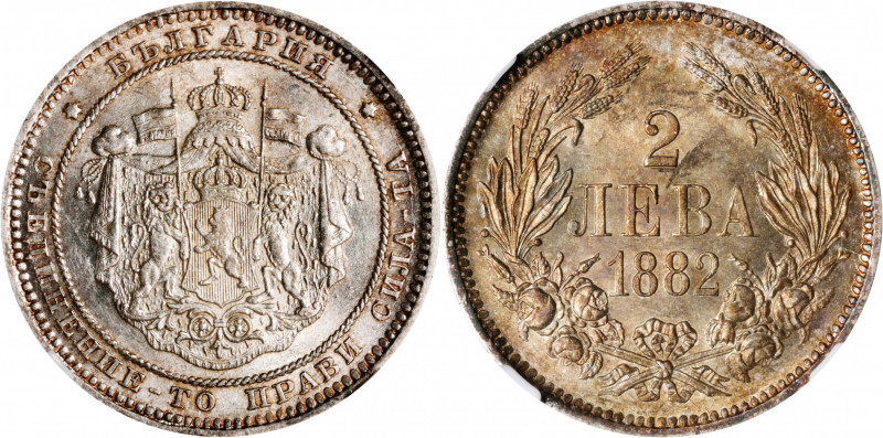 BULGARIA. 2 Leva, 1882. St. Petersburg Mint. Alexander I. NGC MS-63.

KM-5. Th...