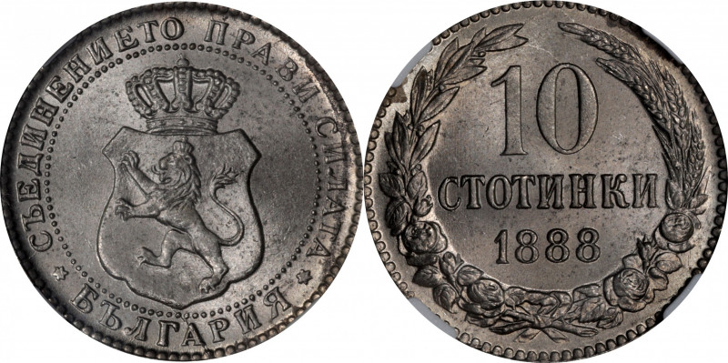 BULGARIA. 10 Stotinki, 1888. Brussels Mint. Ferdinand I. NGC MS-64.

KM-10. Th...