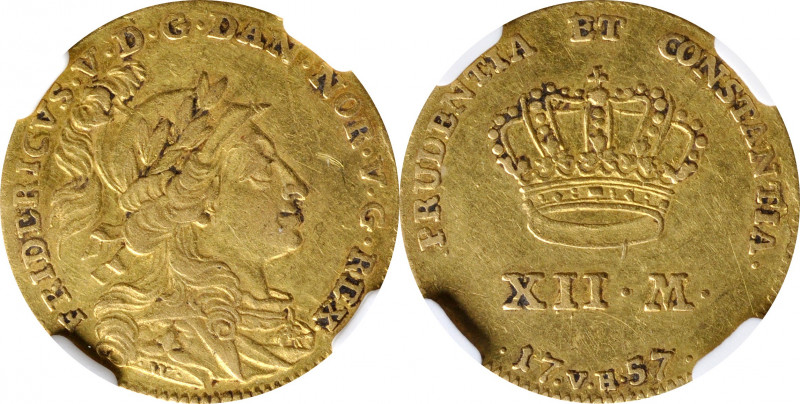 DENMARK. 12 Mark, 1757-VH. Copenhagen Mint. Frederik V. NGC VF-35.

Fr-262; KM...